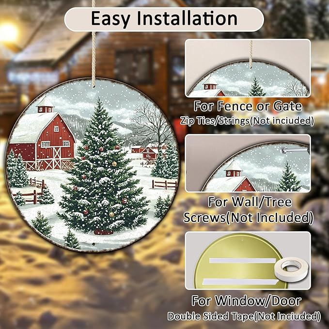 Round Christmas Trees Barn Metal Tin Sign Christmas Vintage Tin Sign for Kitchen Cafe Bar Farmhouse Home Wall Decor Art Winter Decoration 12 * 12 in