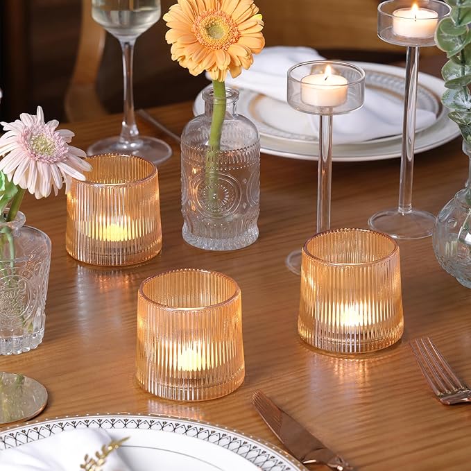 DARJEN Gold Ribbed Tealight Votive Candle Holders- 6Pack Glass Candle Holders for Table Centerpiece, Home Decor, Wedding Decor, Party Dinner