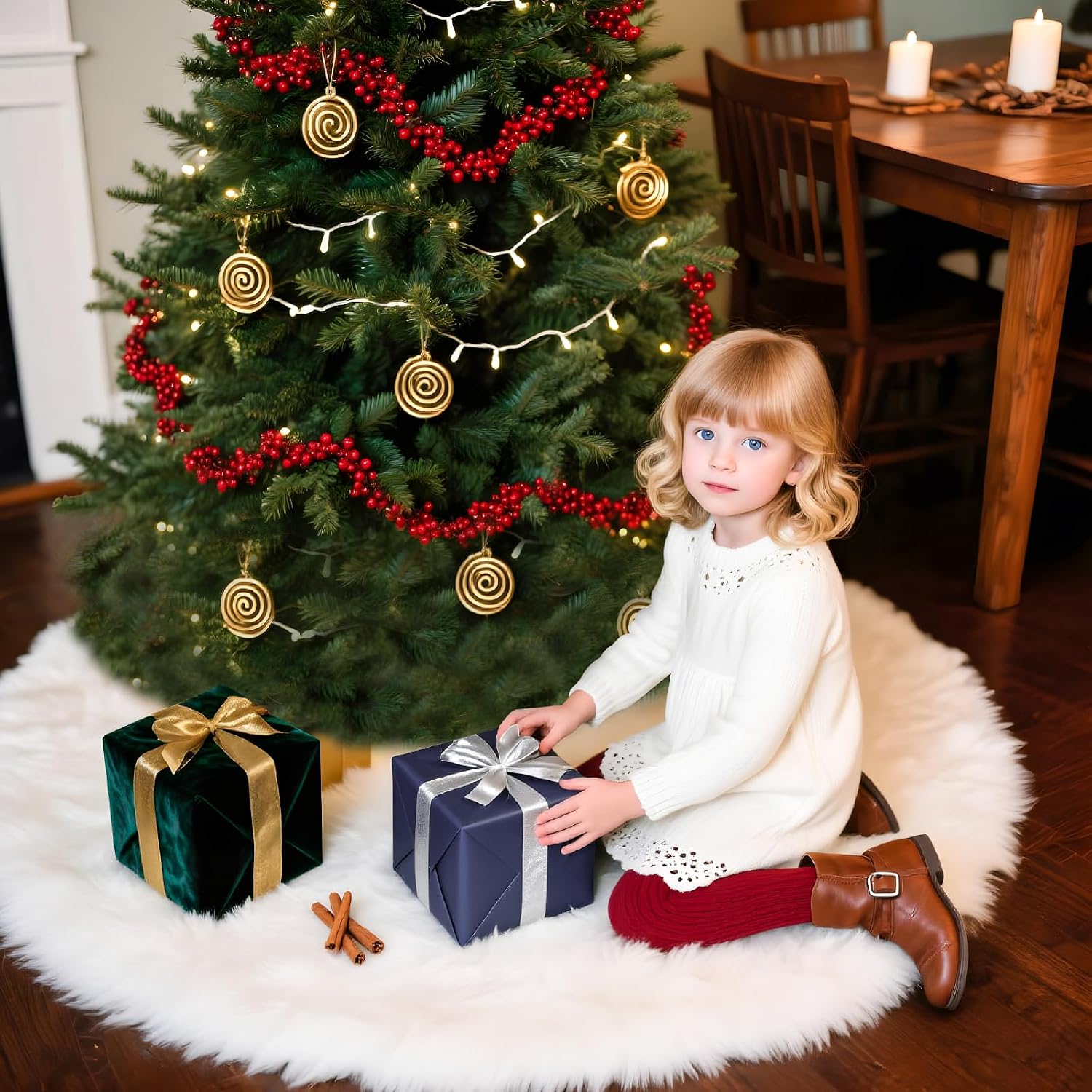 Christmas Tree Skirt 60 Inches, White Tree Skirts Xmas Faux Rabbit Fur Tree Skirts Christmas Decorations for Holiday Christmas Party Home Decorations