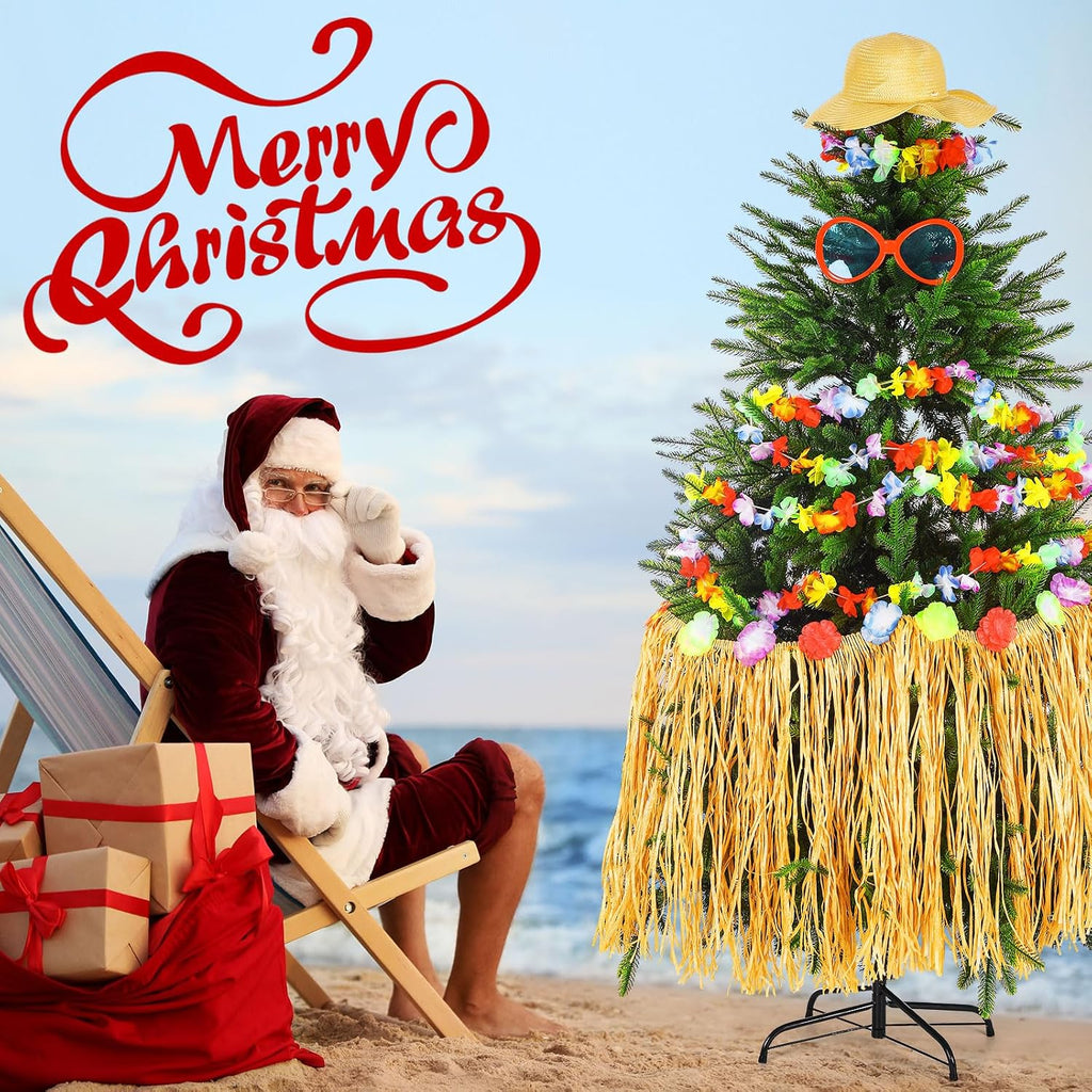 4 Pcs Summer Christmas Tree Decoration Christmas July Tassel Grass Skirt Oversized Sunglass Hat Floral Garland Tropical Party Decor for Hawaiian Party Supplies