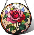 Stained Glass Window Hanging - Pink Rose Suncatcher for Door Garden Home Decor Birth Flower Sun Catcher Christmas Birthday for Friend Lovers Women Mom Nana 11.8 in