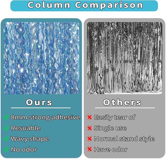 4 Pack Wavy Blue Tinsel Backdrop Streamers Party Decorations 3.3x6.6 Feet | Foil Fringe Curtain Ocean Themed | Blue Birthday Decorations