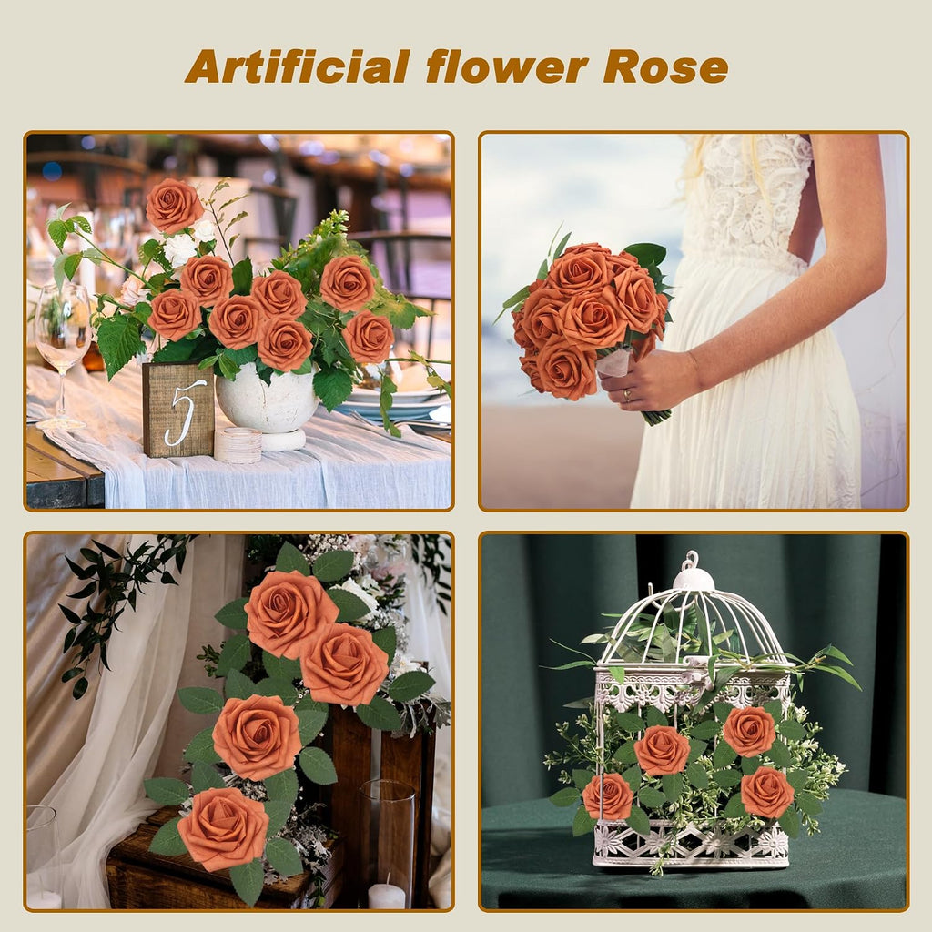 Artificial Flowers Realistic Roses, Real Looking Fake Roses with Stem for DIY Wedding Bouquets Centerpieces Bridal Shower Party Home Romantic Decorations (Burnt Orange, Regular 3" - 200pcs)