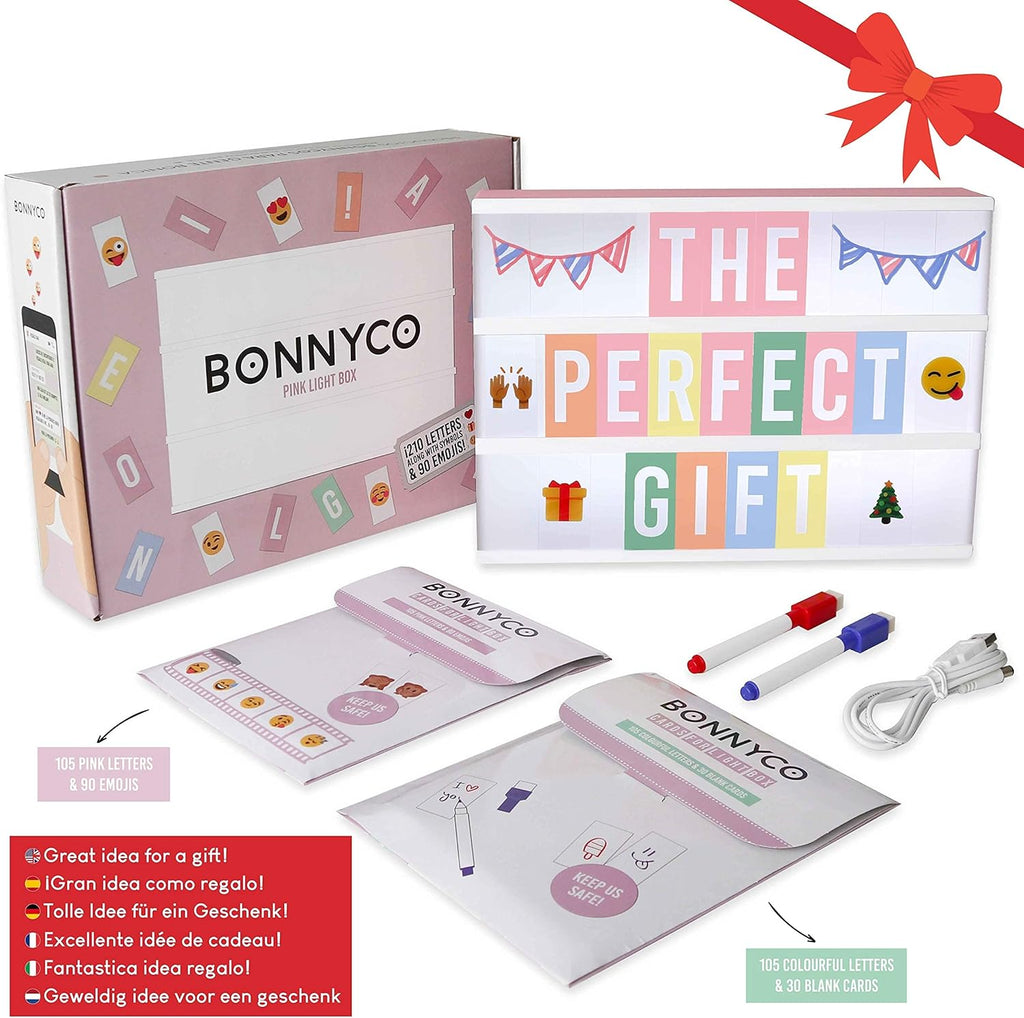 BONNYCO Pink Cinema Light Box with 400 Letters, Emojis, 2 Markers. Led Light Box Home Office and Room Decor, Cinema Led Sign Letters Board. Gifts for Women Girls Christmas Birthdays, Pink Decor
