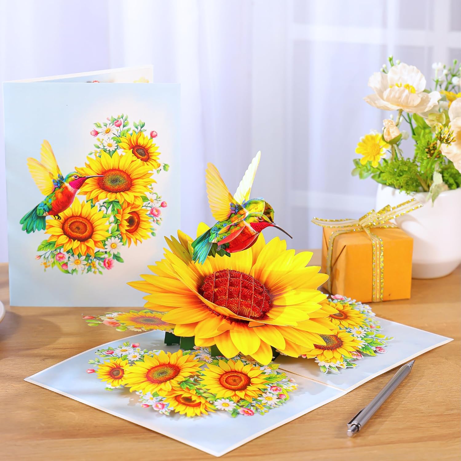 Hummingbird Sunflower Birthday Cards, 3D Pop Up Birthday Card for Women, Mom, Wife, Daughter, Her, Sister, Girlfriend, Grandma, Ideal Gift for Mother's Day, Valentines, Thank You, Get Well, 6x8 in