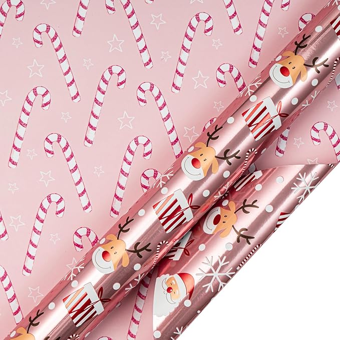 LeZakaa Christmas Pink Wrapping Paper Jumbo Roll, Santa Claus & Candy Cane, Metallic Foil, Rose Gold Foil Reversible Design for Festive Winter Holiday, Family Gathering, 30 inches x 100 Feet