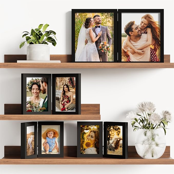 decorUhome Double 8x10 Picture Frame Vertical, Engineered Wood Bifold Photo Frame with Plexiglass for Tabletop Display, 8x10, Black