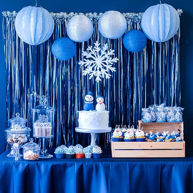 PartyWoo Dark Blue Streamers Fringe Backdrop 3pcs Navy Blue Foil Fringe Curtain 8.2FT Tinsel Backdrop for Birthday Gender Reveal Baby Shower Graduation Pool Under The Sea Ocean Party Decorations