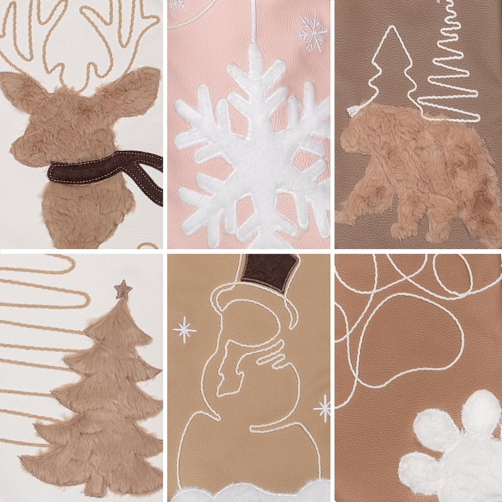 GEX Christmas Stockings 6 Pack for Family Soft Pleather with Rope Stitch Embroidery Large 20" Faux Fur Boho Rustic Farmhouse Country Stockings for Xmas Fireplace Decoration (Set of 6)