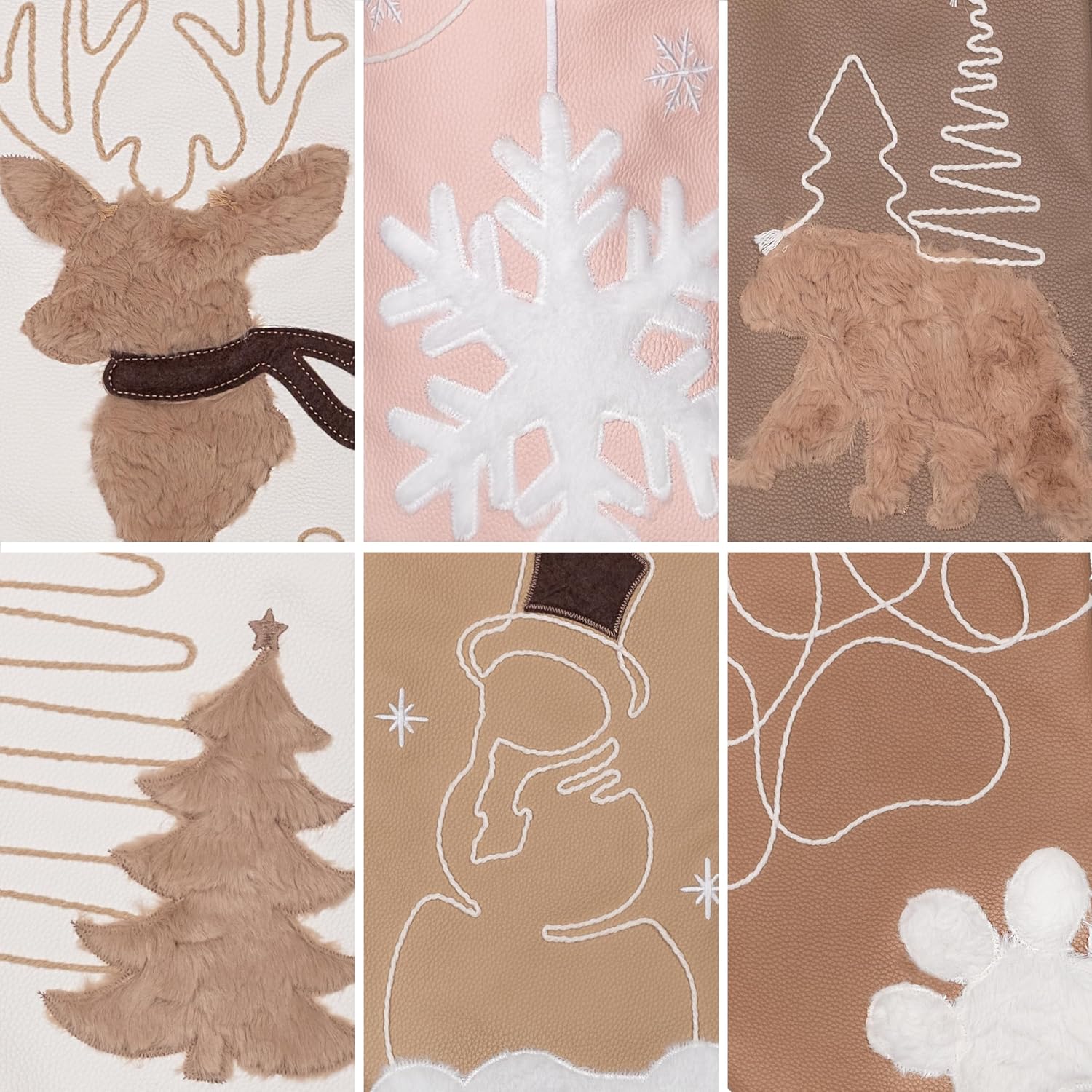 GEX Christmas Stockings 6 Pack for Family Soft Pleather with Rope Stitch Embroidery Large 20" Faux Fur Boho Rustic Farmhouse Country Stockings for Xmas Fireplace Decoration (Set of 6)