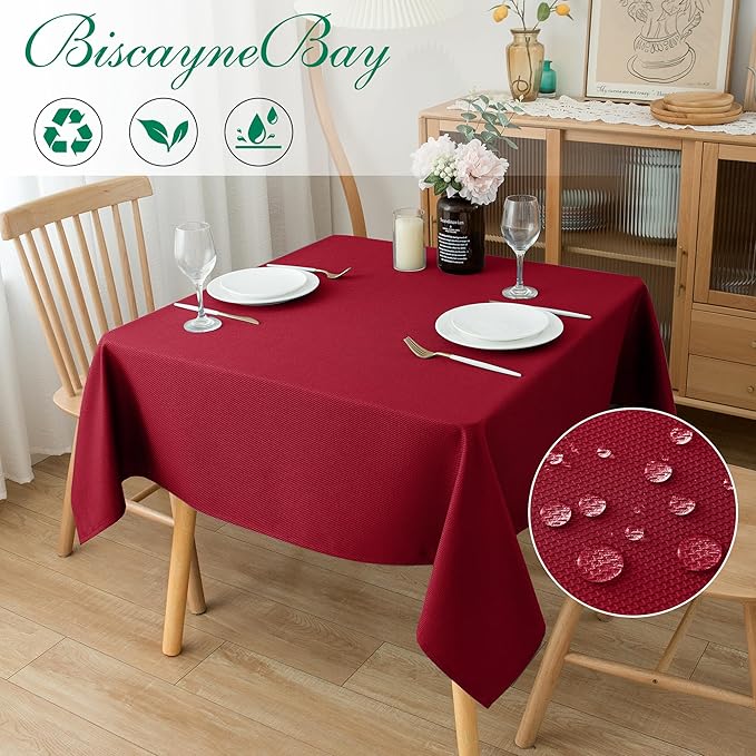 Biscaynebay Textured Fabric Christmas Square Table Cloth 70x70 Inch, Red Water Resistant Spill Proof Tablecloths for Dining, Kitchen, Wedding and Parties, Machine Washable