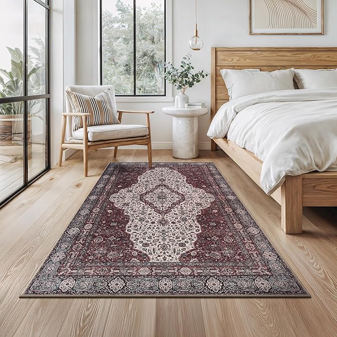 Bloom Rugs Washable Non-Slip 4' x 6' Rug - Red/Green/Cream Traditional Medallion Area Rug for Living Room, Bedroom, Dining Room, and Kitchen - Exact Size: 4' x 6'