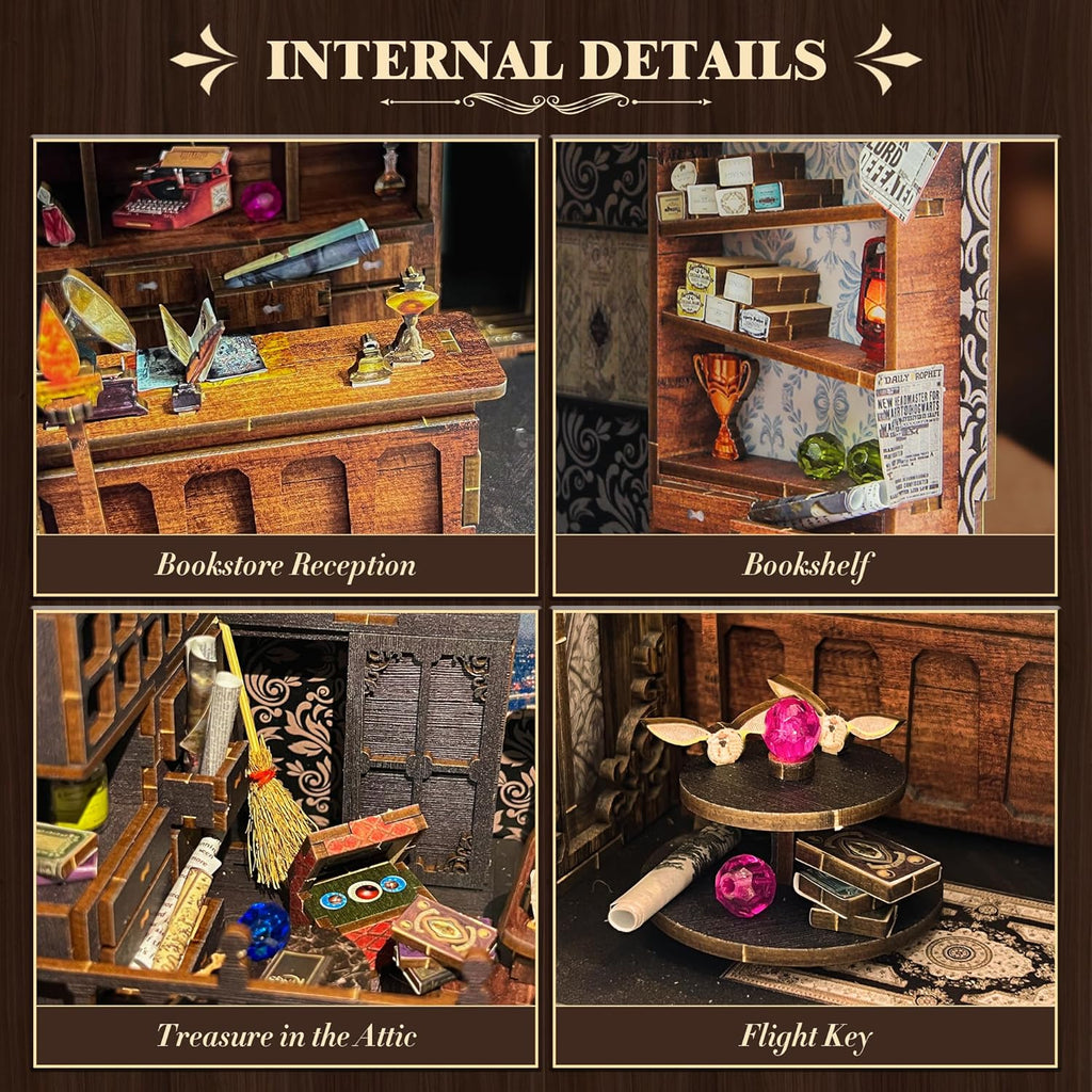 diy book nook kit, 3d wooden puzzle miniature, side view