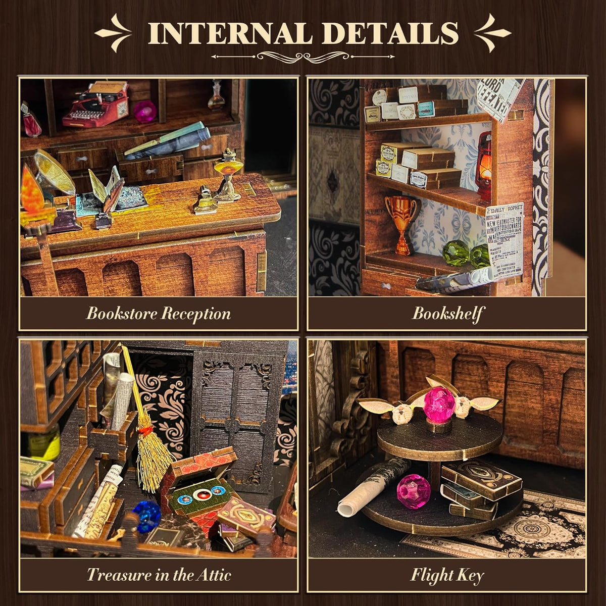 diy book nook kit, 3d wooden puzzle miniature, side view