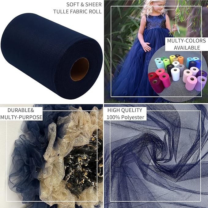 Navy Blue Tulle Fabric Rolls 6 Inch by 100 Yards (300 feet) Fabric Spool Tulle Ribbon for DIY Navy Blue Tutu Bow Baby Shower Birthday Easter Party Wedding Decorations Christmas Craft Supplies