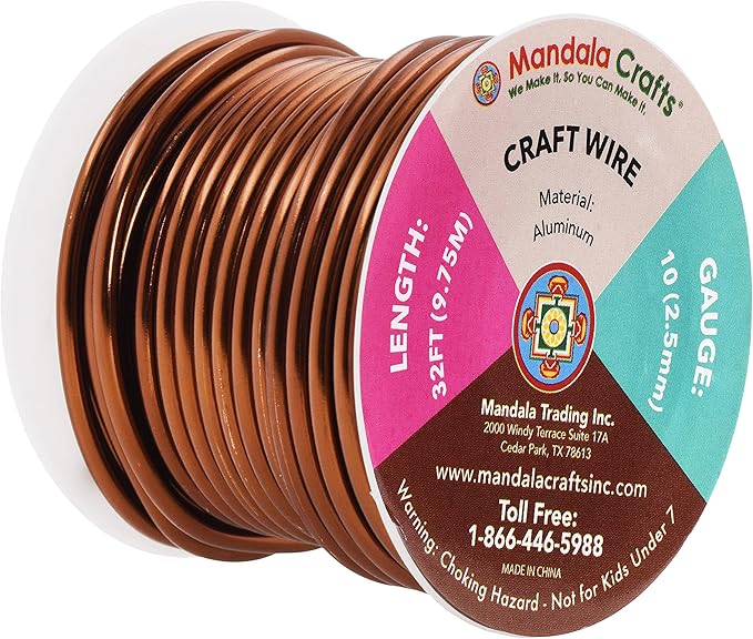 Mandala Crafts 10 Gauge Anodized Aluminum Craft Wire for Jewelry Making - 32 FT Colored Flexible Brown Wire - Bendable for Bonsai Armature Crafting Sculpting