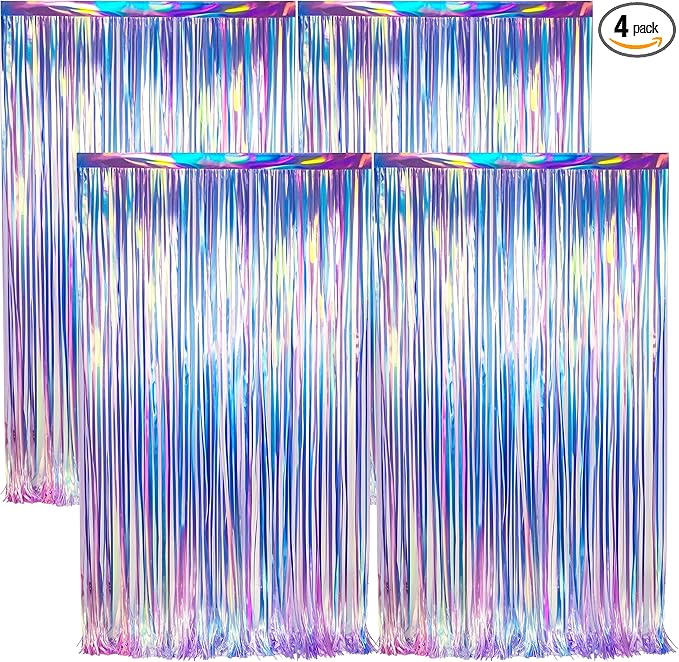 BTSD-home 4 Pack Iridescent Party Streamers Tinsel Foil Fringe Curtain Holographic Backdrop Metallic Shiny Photo Booth for Wedding Birthday Baby Shower Bachelorette Theme Party Decorations