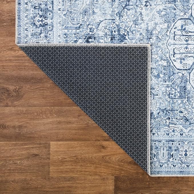Bloom Rugs Washable Non-Slip 6' x 9' Rug - Ivory/Denim Blue Traditional Medallion Area Rug for Living Room, Bedroom, Dining Room, and Kitchen - Exact Size: 6' x 9'