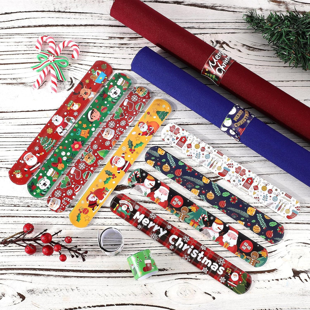 XIHIRCD 12pcs Christmas Wrapping Paper Roll Holder Clips, 8.7x1.2in Holiday Flip Wraps Clamps 12 Designs Stabilizer Slap Bands Gift Strips Flip Gadgets for Xmas Poster Wrapping Organization Storage