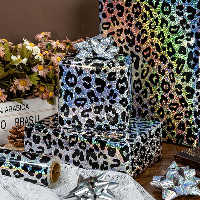 Yarcony Leopard Wrapping Paper Roll, Bold Animals Prints Wrapping Paper, Glitter Black White Cheetah Gift Wrap w/Metallic Shine for Birthday, Graduatios, Bachelorette, Christmas (17 Inch X 33 Feet)