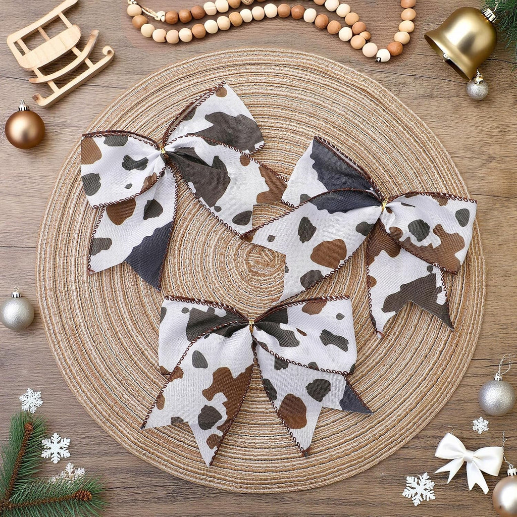Janinka 24 Pcs Cowhide Printed Christmas Bows 6 Inch Large Cow Christmas Wreaths Bows for Farmhouse Tree Gift Wrapping Garland Holiday Western Party Crafts Xmas Tree Ribbon Ornaments