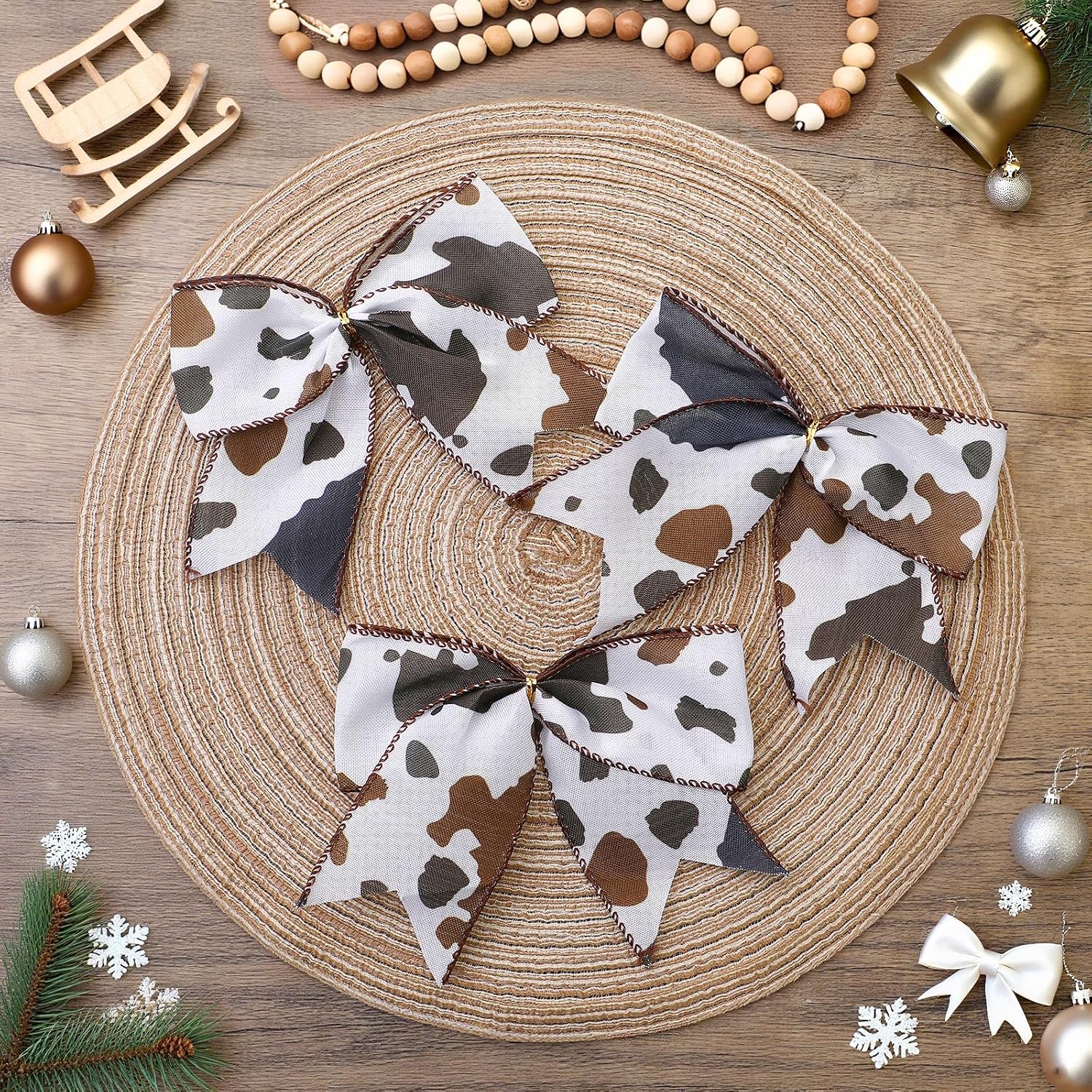 Janinka 24 Pcs Cowhide Printed Christmas Bows 6 Inch Large Cow Christmas Wreaths Bows for Farmhouse Tree Gift Wrapping Garland Holiday Western Party Crafts Xmas Tree Ribbon Ornaments