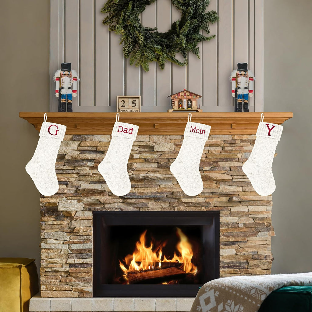 18 Inches Personalized Initial Monogram Ivory Christmas Stockings Family Embroidered Letters Dad Xmas Stockings for Fireplace