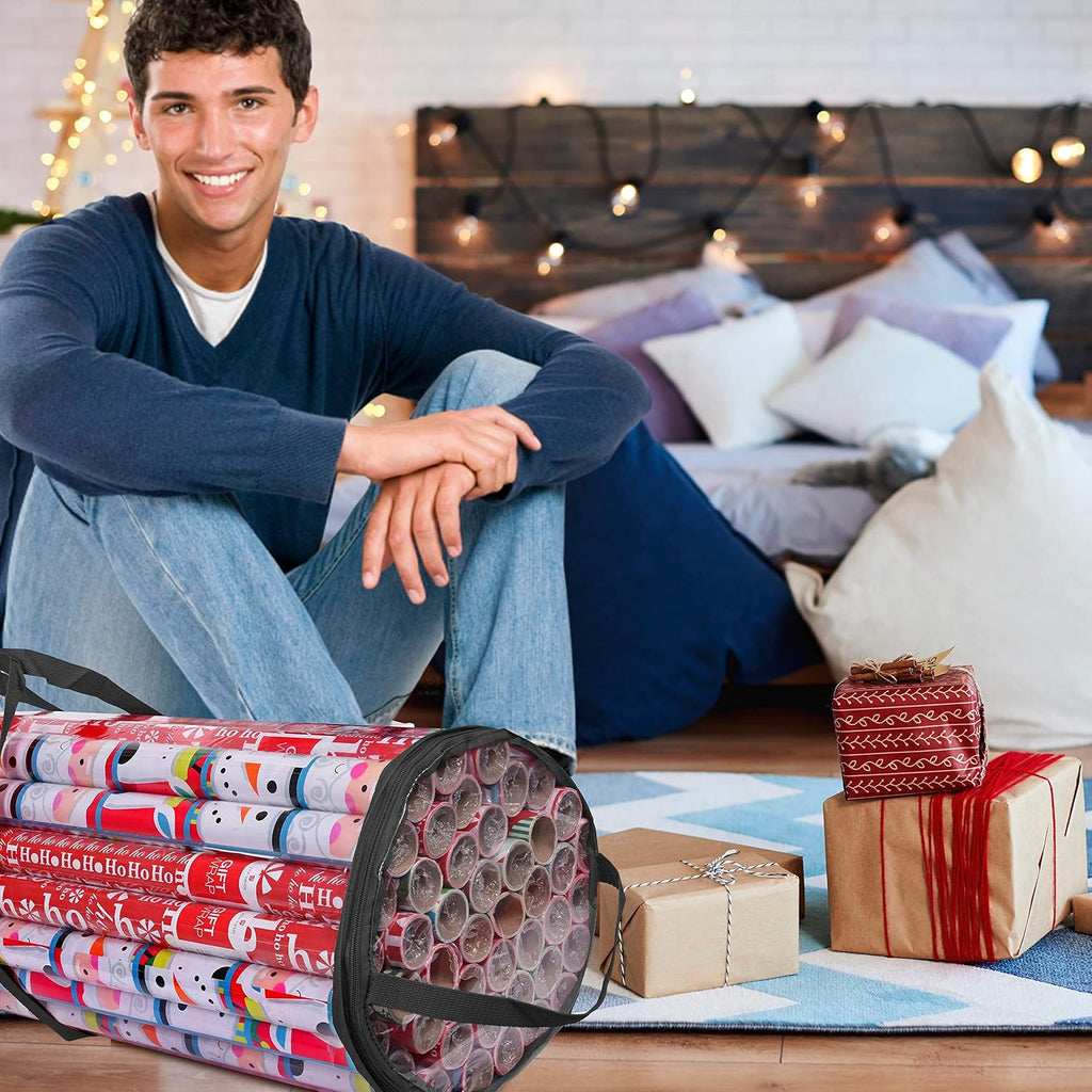Wrapping Paper Storage Bag, Gift Wrap Organizer, Fits 40 Inch Long Rolls, Hold Up to 24 Rolls, Heavy Duty Clear PVC Bag with Top and Side Handles (Black)