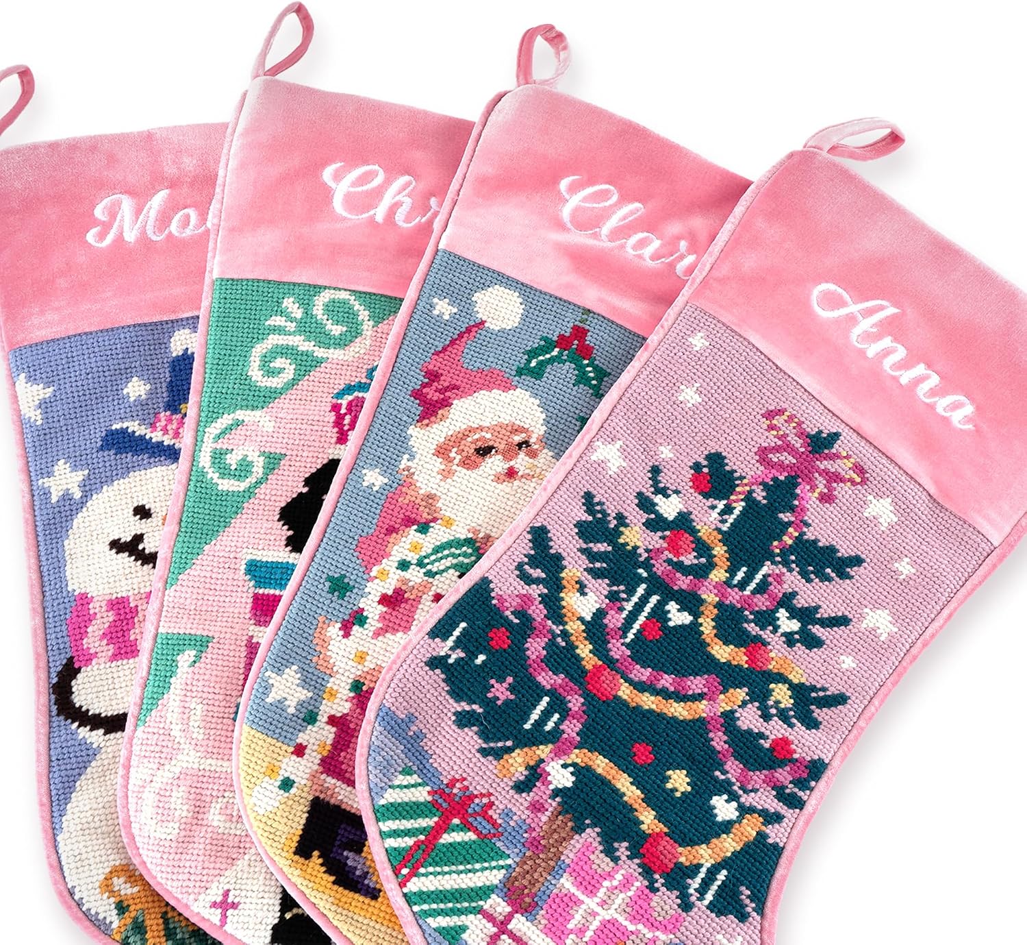 MT WORLD Needlepoint Christmas Stockings Personalized Snowman Santa Nutcracker Christmas Tree Embroidered Family Stockings for Holiday Applique Pink Velvet Stocking with Name for Family Decoration