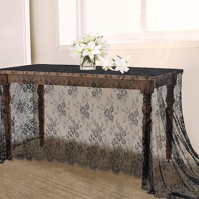 Black Tablecloth Halloween Lace Table Fabric 2pcs 60x120 Inch for Scary Movies Rustic Wedding Bridal Shower Party Decoration Rectangle Overlay Vintage Embroidered Reception Table Cloth Decor