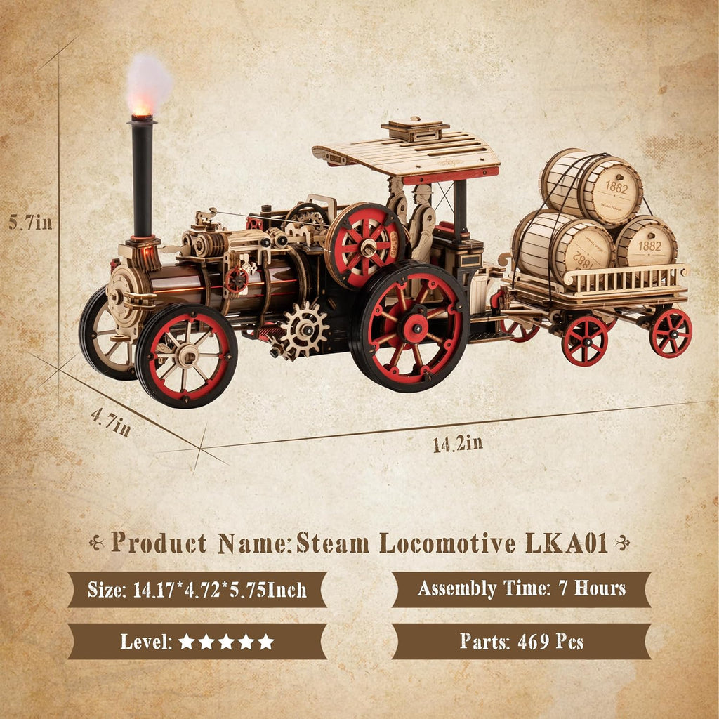 rowood 3d wooden puzzles for adults, steam engine showing dimensions