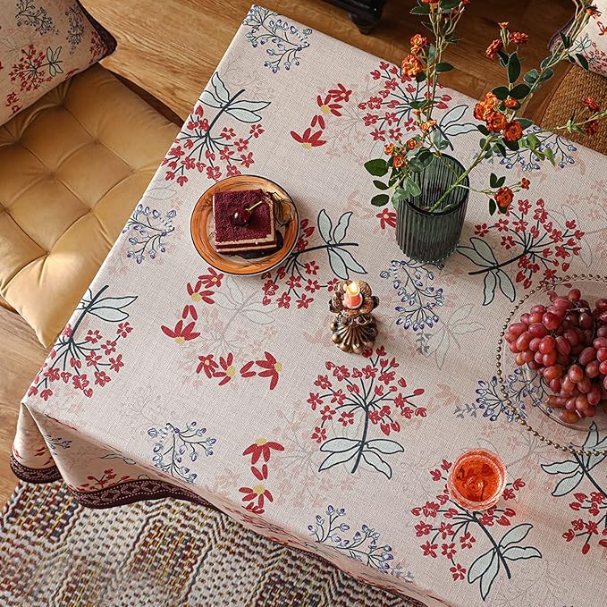 patdrea Designer French Linen Rectangular Table Cloth,Vintage Red Floral Fall Tablecloth,Breathable Dacorative Cover for Kitchen Dining,Tea Party,Christmas,Thanksgiving,Holiday,55"x87"-Newmari