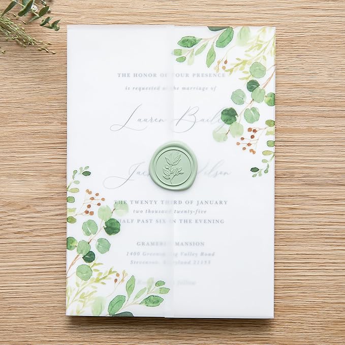 PONATIA 50 PCS Vellum Jackets for 5x7 Invitation Cards- 135GSM Green Eucalyptus Vellum Sleeves, Wedding Invitations Wraps Transparent Christmas Gift Cards Jackets