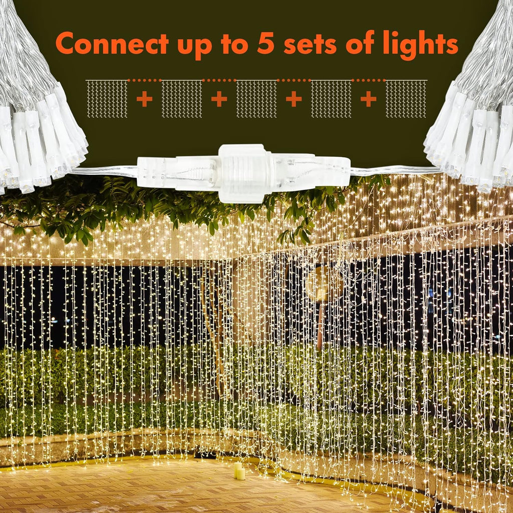 Twinkle Star 300 LED Curtain String Lights, Warm White | 8 Modes, Plug In, For Bedroom Wedding Party Birthday, Indoor Outdoor Wall Window Backdrop