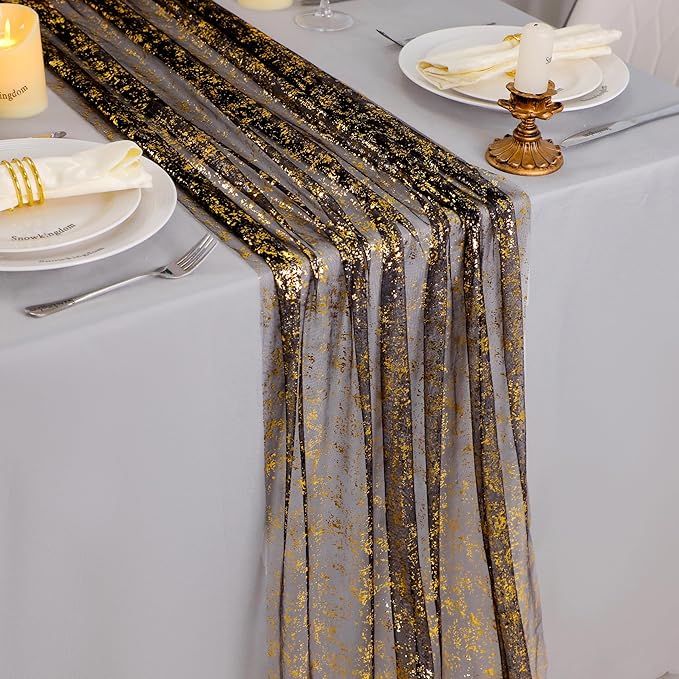 Snowkingdom Black and Gold Cheesecloth Table Runner 10 FT, Sheer Chiffon Sparkle Gauze Mesh Runners 120 Inch, Glitter Table Centerpieces Decoration for Birthday Party Wedding Christmas Halloween