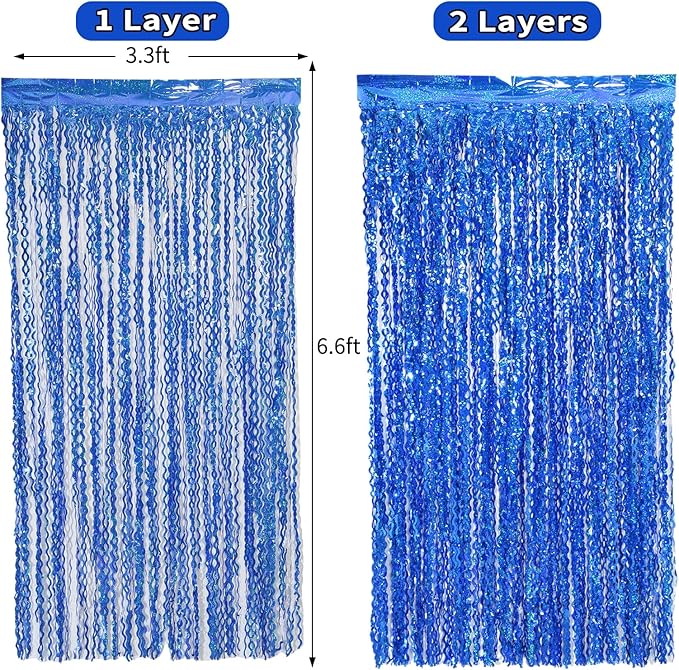 4 Pack 3.3 ft x 6.6 Wavy Sparkle Dark Blue Foil Fringe Backdrop Curtain - Navy Blue Streamer Backdrop Tinsel Curtains for Door Streamers Ocean Birthday Party Decorations Disco Party