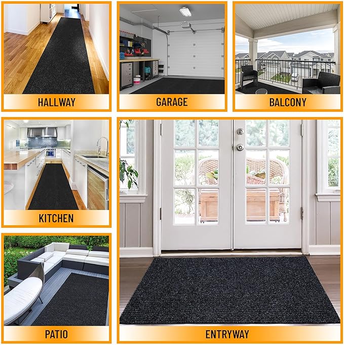 Ottomanson 3'11" x 30' Hallway Runner with Scraper Pile - Extra Durable Non-Slip Rug Mat for Indoor & Outdoor Use - Ideal for Kitchen, Entryway & Garage - High-Traffic Carpet, Black