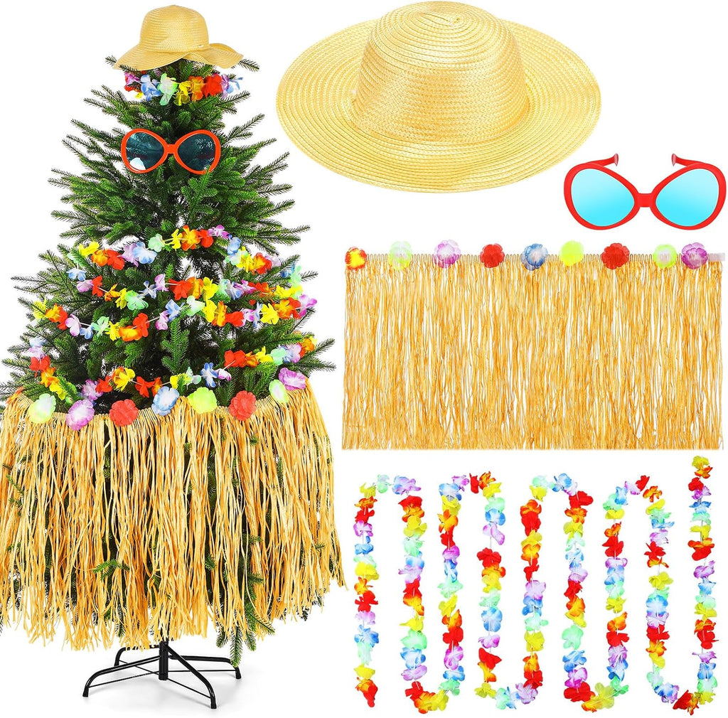 4 Pcs Summer Christmas Tree Decoration Christmas July Tassel Grass Skirt Oversized Sunglass Hat Floral Garland Tropical Party Decor for Hawaiian Party Supplies