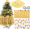 4 Pcs Summer Christmas Tree Decoration Christmas July Tassel Grass Skirt Oversized Sunglass Hat Floral Garland Tropical Party Decor for Hawaiian Party Supplies
