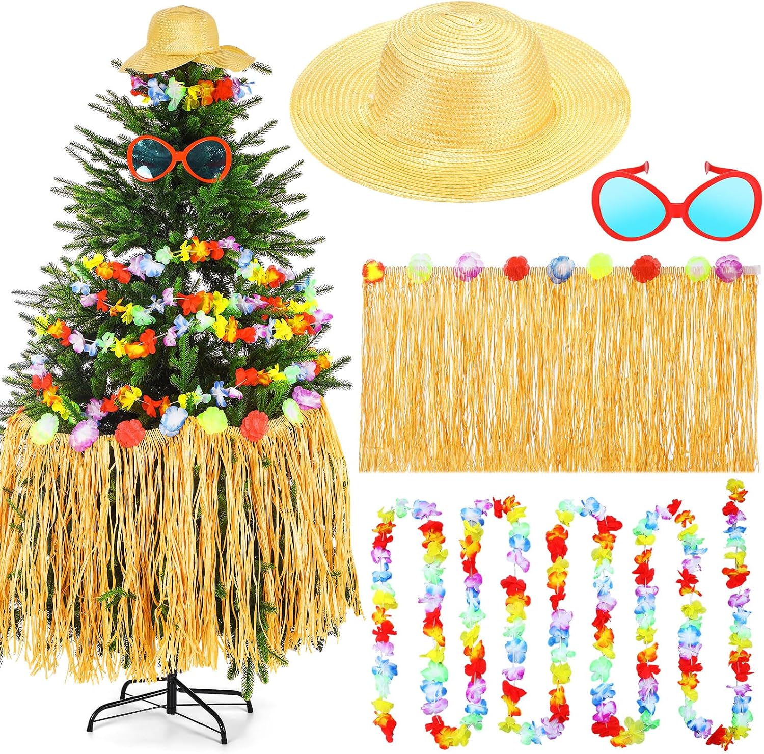 4 Pcs Summer Christmas Tree Decoration Christmas July Tassel Grass Skirt Oversized Sunglass Hat Floral Garland Tropical Party Decor for Hawaiian Party Supplies