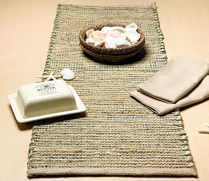Chardin home Natural Jute Table Runner 13x48 Inch – Vintage Boho Rustic Table Decor – Handwoven Table Runner in Natural Jute and Green – Farmhouse Dining or Console Table Accent