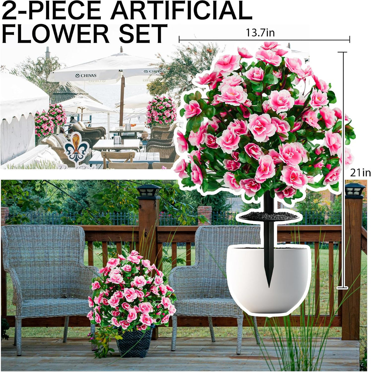 fake outdoor flowers, artificial plants with ground spike shown in use