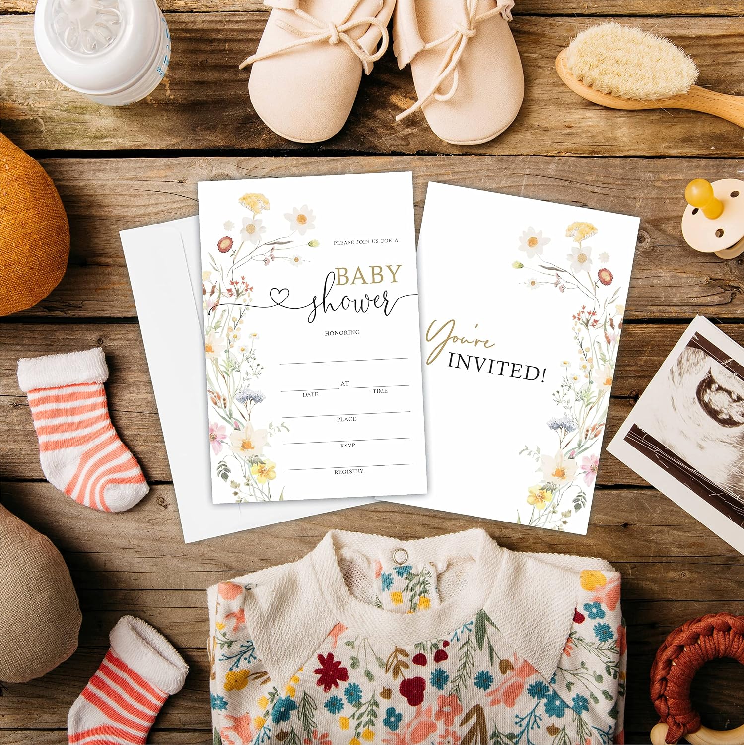 TPYEN Boho Wild Flower Baby Shower Invitations, Baby Shower Fill-In Invitation Cards With Envelopes - Gender Reveal Party Decorations & Supplies-B02