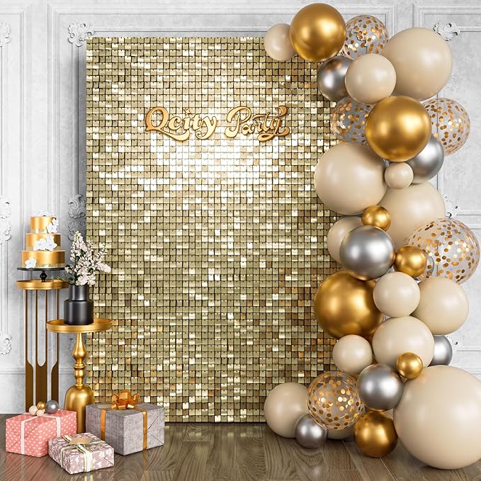 Qcity Light Gold Shimmer Wall Backdrop 24PCS, Black Back Not See-Through Design, Square Sequin Glitter Backdrop Panel, Perfect for Outdoor Events, Birthdays, Wedding and Party Decoration
