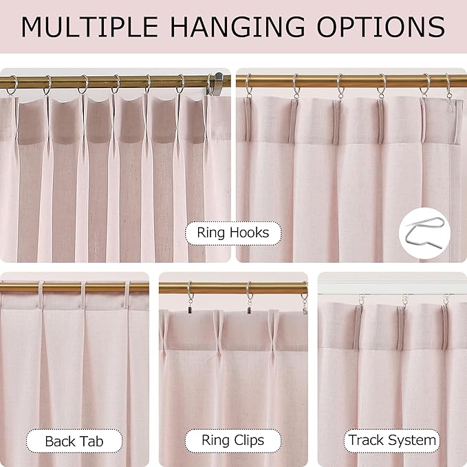 Vision Home Soft Pink Pinch Pleated Semi Sheer Curtains Textured Linen Blended Light Filtering Window Curtains 84 inch for Living Room Bedroom Pinch Pleat Drapes with Hooks 2 Panels 40" Wx84 L