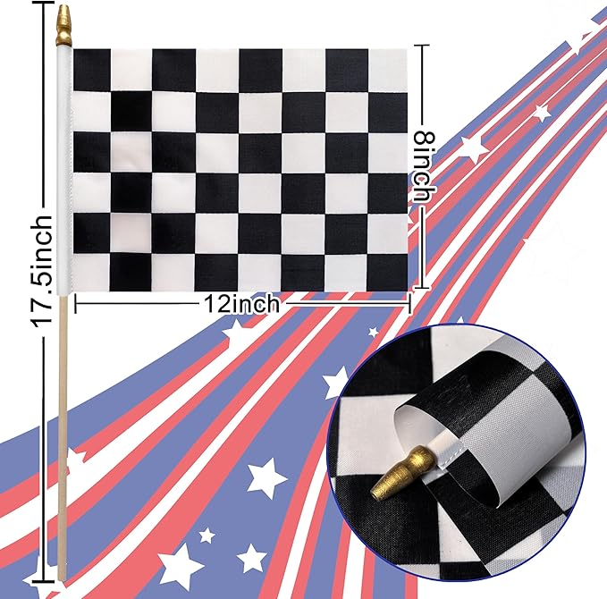 12Pcs 8×12 Inch Small Checkered Flags Black and White Racing Flags on Wood Stick Mini Race Car Handheld Flag Decorations
