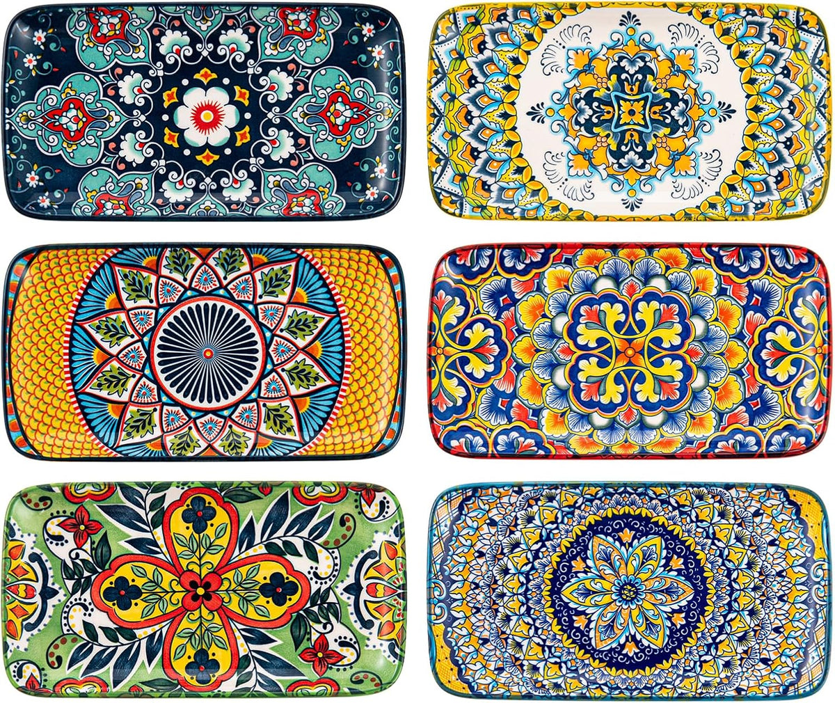 Boho Ceramic Rectangular Appetizer & Sushi Plates Set of 6, 8 Inch