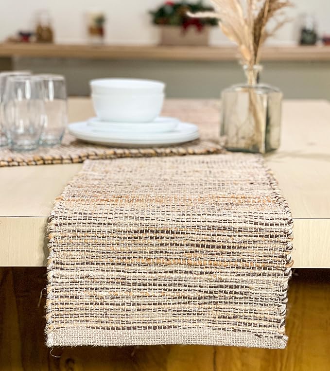 Chardin home Natural Jute Table Runner 13x72 Inch – Vintage Boho Rustic Table Decor – Handwoven Table Runner in Natural Jute and Brown – Farmhouse Dining or Console Table Accent