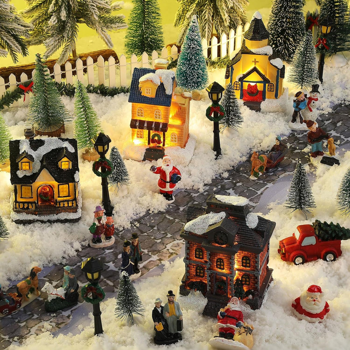 wettarn 27 pcs lighted christmas village houses figurines showing dimensions