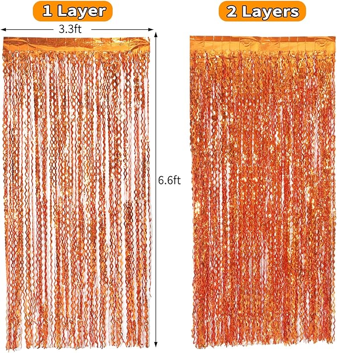 4 Pack Orange Wavy Metallic Tinsel Foil Fringe Curtains | 3.3 ft x 6.6 ft Party Streamer Backdrop Photo Booth for Orange Basketball Party Decorations Holloween Christmas